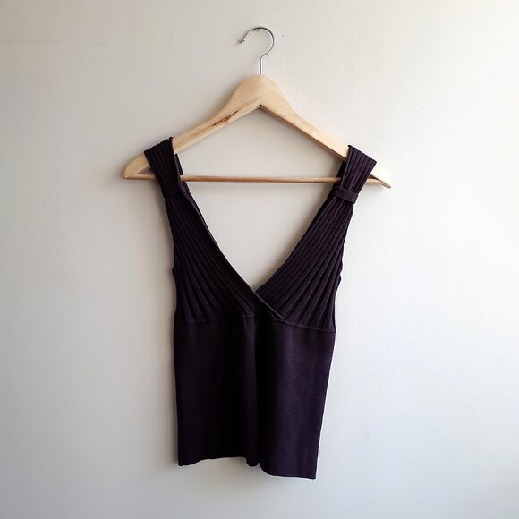 GRACE Pleated Knit Tank Top with Plunging Neckline in Maroon Purple - Picture 4 of 11